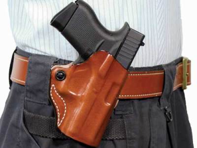 DESANTIS MINI SCABBARD HOLSTER – RH OWB LEATHER 1911 5″ TAN