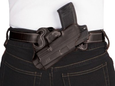 DESANTIS SMALL OF BACK HOLSTER – RH OWB LEATHER COLT 1911 BLACK