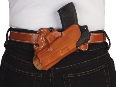 DESANTIS SMALL OF BACK HOLSTER – RH OWB LEATHER COLT 1911 TAN