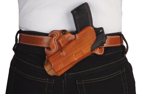 DESANTIS SMALL OF BACK HOLSTER – RH OWB LEATHER COLT 1911 TAN