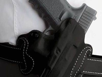 DESANTIS MINI SLIDE HOLSTER – OWB RH LEATHER S/A HELLCAT BLK