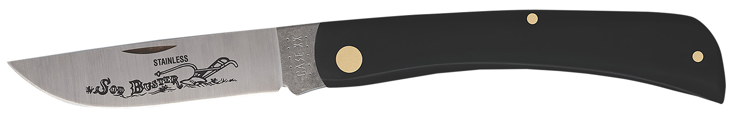 Case 00092 Sod Buster  3.70″ Folding Skinner Plain Etched As-Ground Tru-Sharp SS Blade/Smooth Black Synthetic Handle