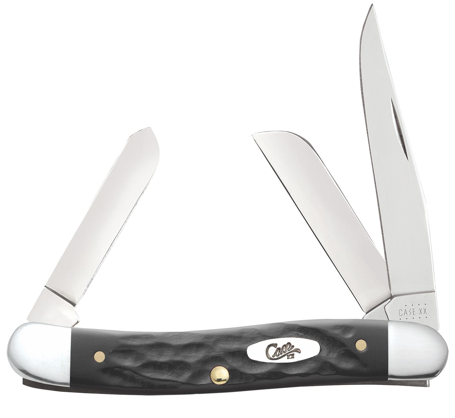 Case 18222 Stockman  Medium Folding, 2.57″/1.88″/1.71″ Clip Point/Sheepsfoot/Spey Plain Mirror Polished Tru-Sharp SS Blade, Rough Black Jigged Synthetic Handle