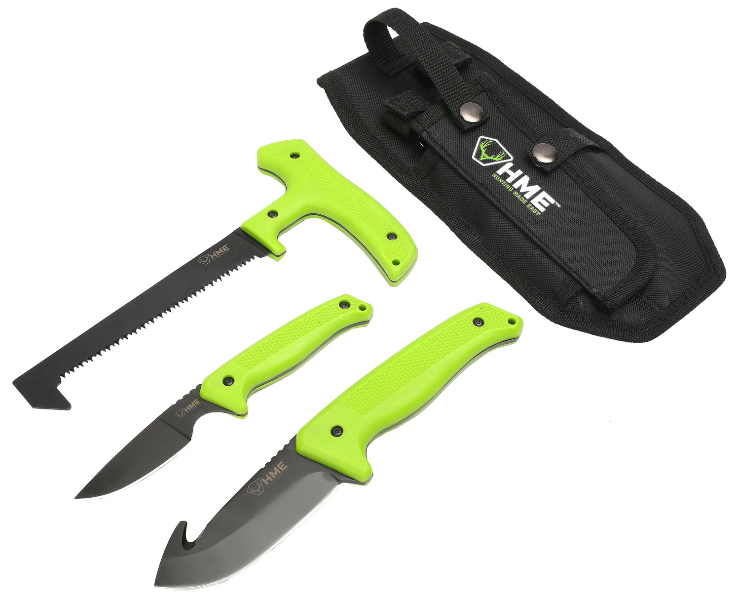 HME KN3PFK 3-Piece Field Kit Fixed 420HC Stainless Steel Black Oxide Thermoplastic Rubber Green 9.50″ Gut Hook/8.75″ Saw/7.50″ Caper