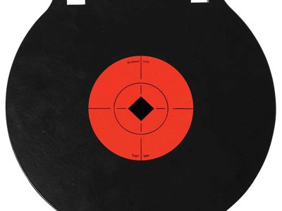 Birchwood Casey 47604 World of Targets Double Hole 8″ Pistol/Rifle Black/Orange AR500 Steel Circle w/Crosshair & Diamond 0.38″ Thick Hanging