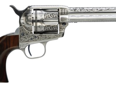 Taylors & Company 550898 1873 Cattleman 45 Colt (LC) Caliber with 5.50″ Barrel, 6rd Capacity Cylinder, Overall White Photo Engraved Finish Steel & Walnut Grip