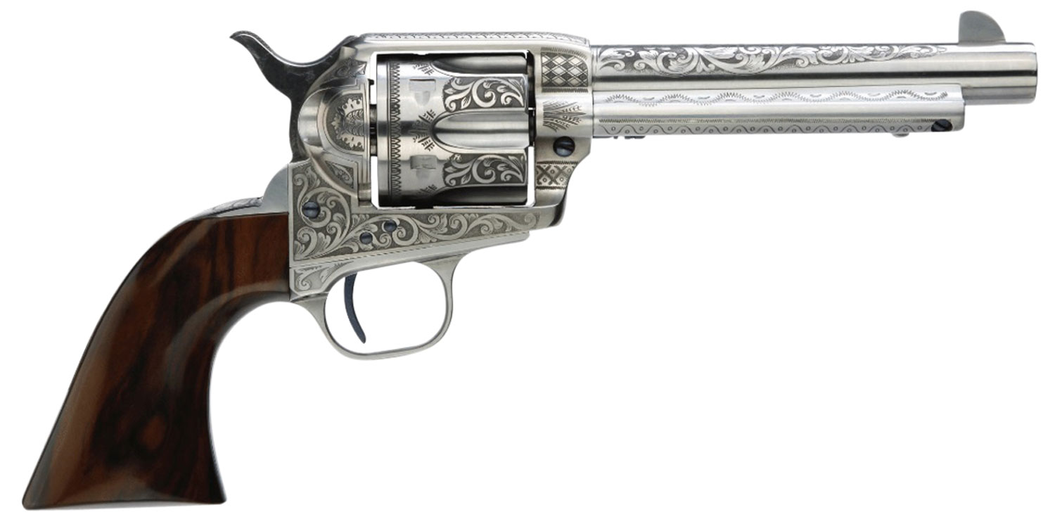 Taylors & Company 550898 1873 Cattleman 45 Colt (LC) Caliber with 5.50″ Barrel, 6rd Capacity Cylinder, Overall White Photo Engraved Finish Steel & Walnut Grip