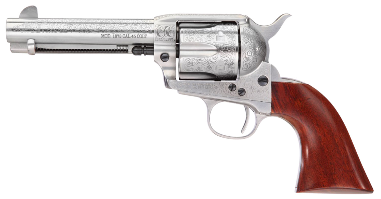 Taylors & Company 550926 1873 Cattleman 45 Colt (LC) Caliber with 4.75″ Barrel, 6rd Capacity Cylinder, Overall White Floral Engraved Finish Steel & Walnut Grip