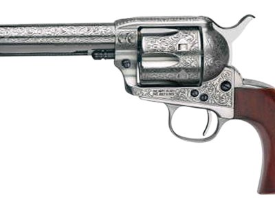 Taylors & Company 550927 1873 Cattleman 45 Colt (LC) Caliber with 5.50″ Barrel, 6rd Capacity Cylinder, Overall White Floral Engraved Finish Steel & Walnut Grip