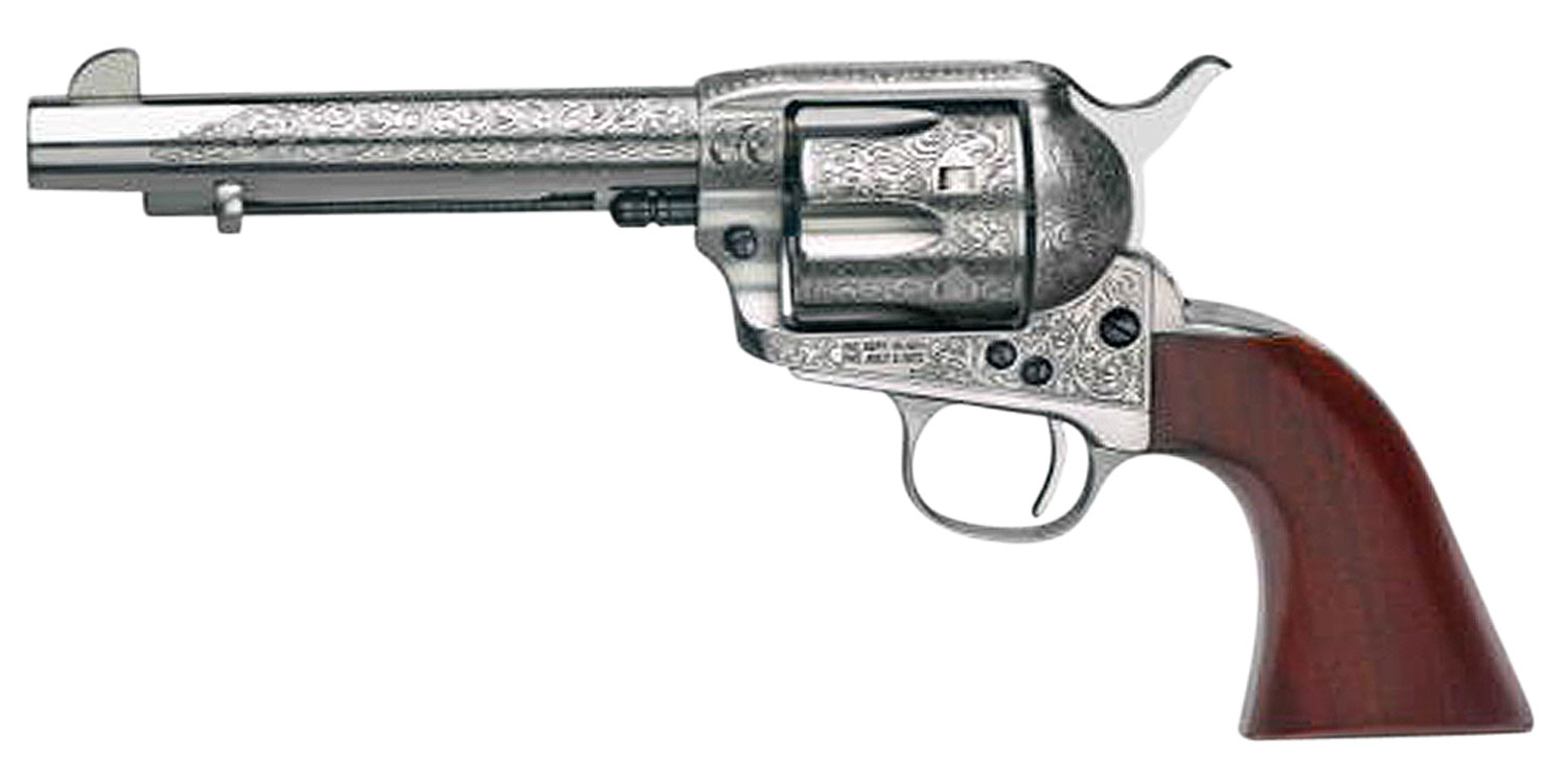 Taylors & Company 550927 1873 Cattleman 45 Colt (LC) Caliber with 5.50″ Barrel, 6rd Capacity Cylinder, Overall White Floral Engraved Finish Steel & Walnut Grip