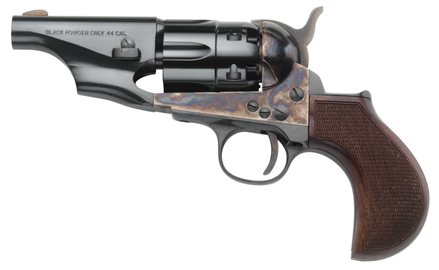 Taylors & Company 200017 1860 Army Snub Nose Pietta 44 Cal 6 Shot Percussion 3″ Blued Round Barrel, Blued Cylinder, Color Case Hardened Steel Frame, Checkered Walnut Birdshead Grip