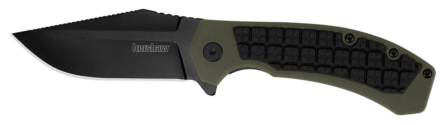 Kershaw 8760 Faultline  3″ Folding Drop Point Plain Black Oxide 8Cr13MoV SS Blade Black/OD Green Glass-Filled Nylon Handle Includes Pocket Clip
