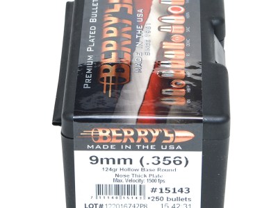 Berry’s 15143 Superior Pistol 9mm/356 124gr Hollow Base Round Nose Thick Plate 250/Box