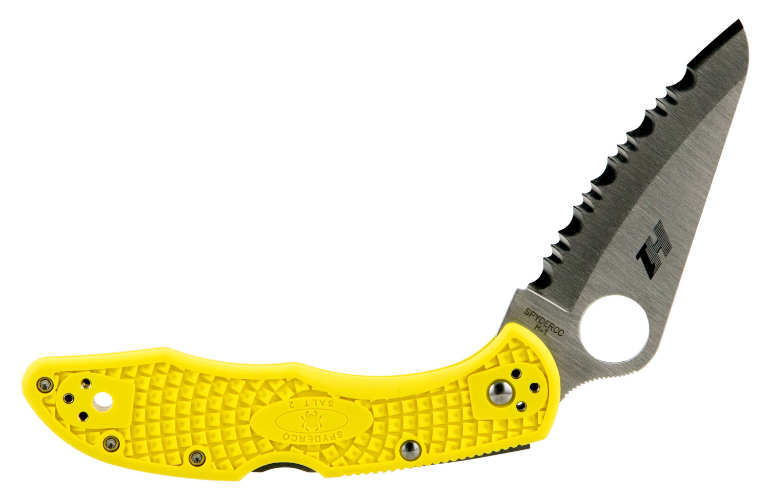 Spyderco C88SYL2 Salt 2  3″ Folding Clip Point Serrated H1 Steel Blade Yellow Bi-Directional Texturing FRN Handle Includes Pocket Clip