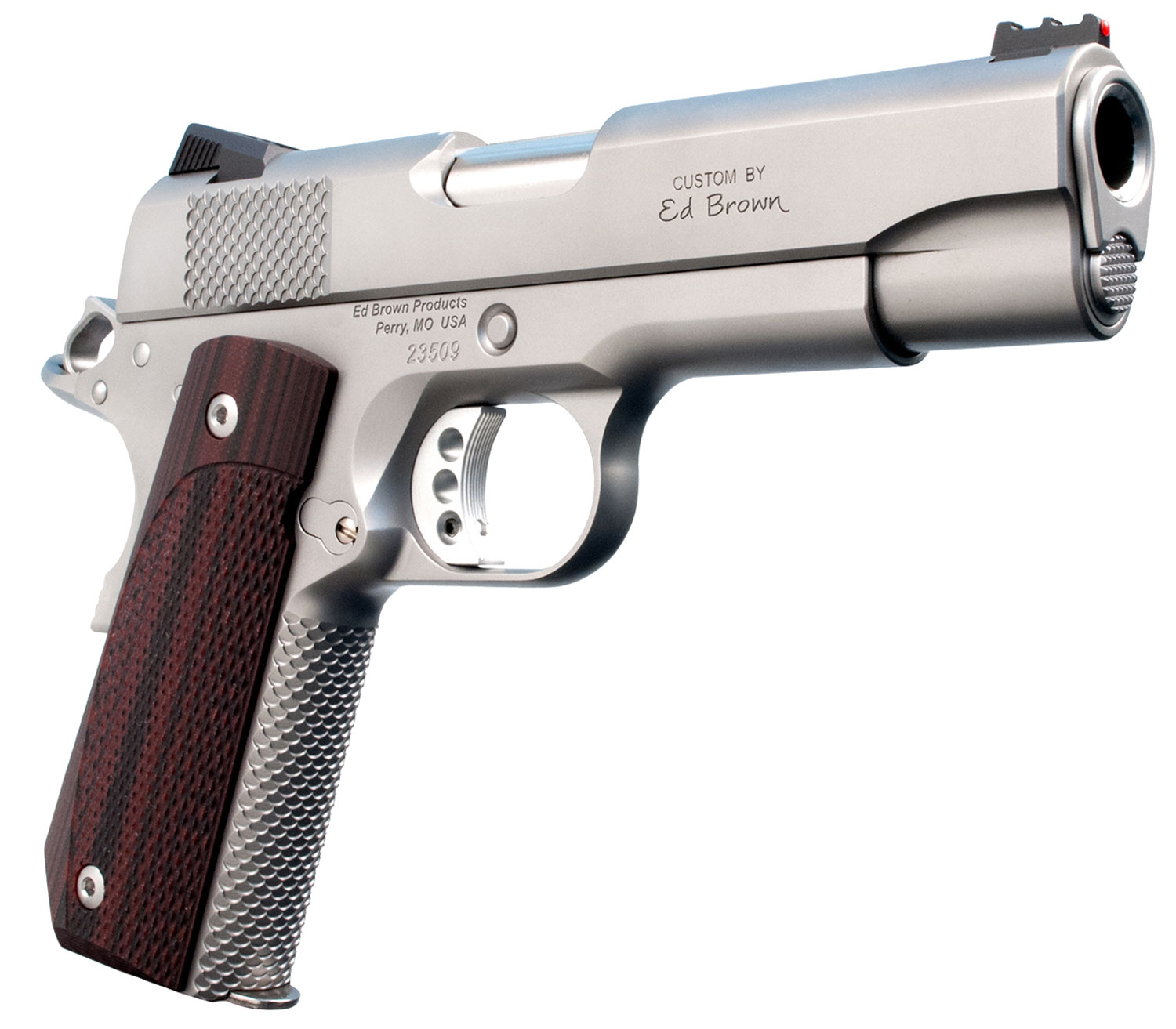 Ed Brown KC18SS 1911 Kobra Carry Serrated Frame 45 ACP 7+1 4.25″ Stainless Recessed Crown Barrel, Matte Stainless Serrated Steel Slide & Frame, Laminate Wood Grip, Right Hand