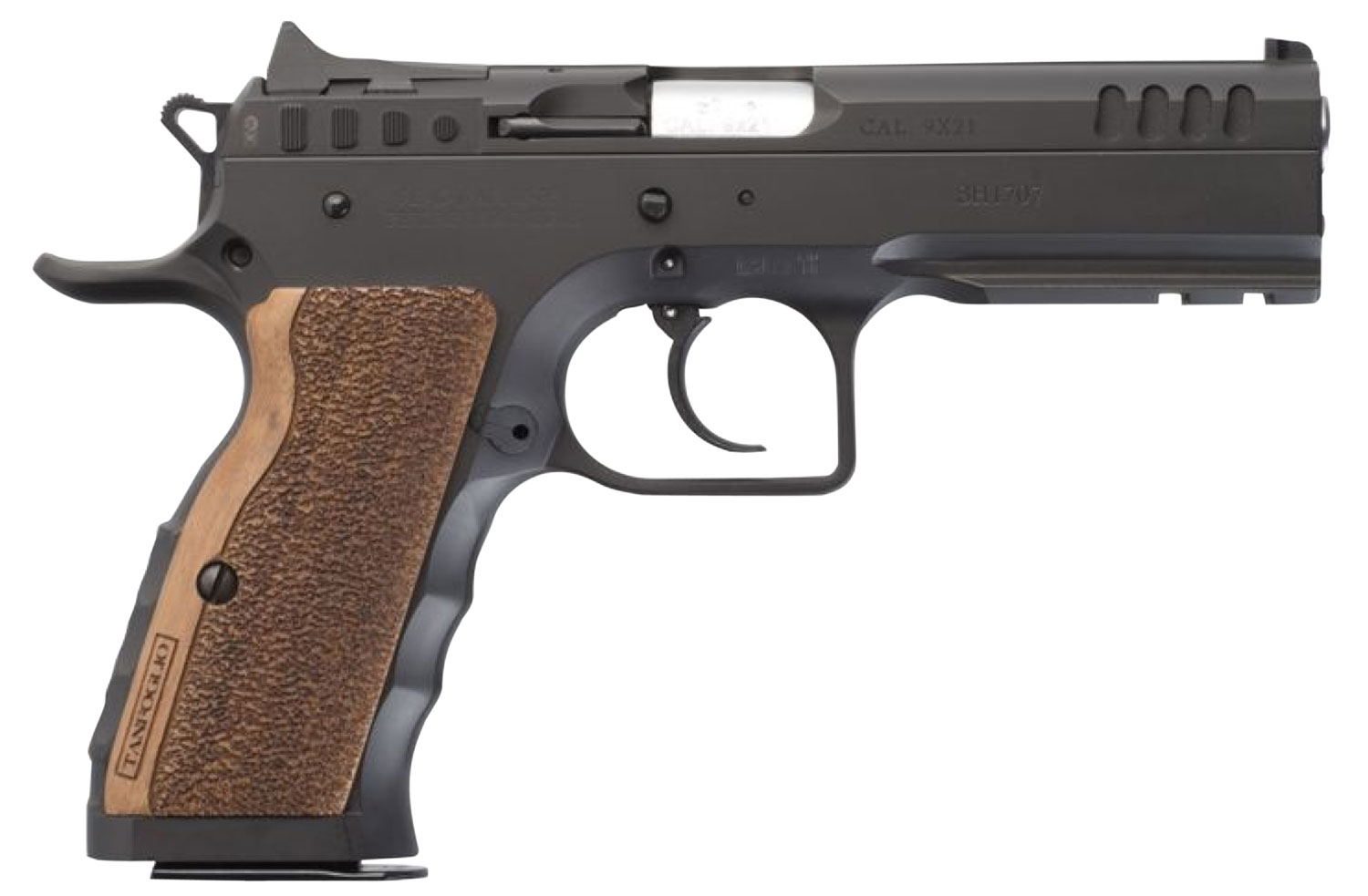 Tanfoglio IFG TFSTOCKI9 Defiant Stock I 9mm Luger Caliber with 4.50″ Barrel, 16+1 Capacity, Overall Black Finish Steel, Picatinny Rail/Beavertail Frame, Serrated Slide & Wood Grip
