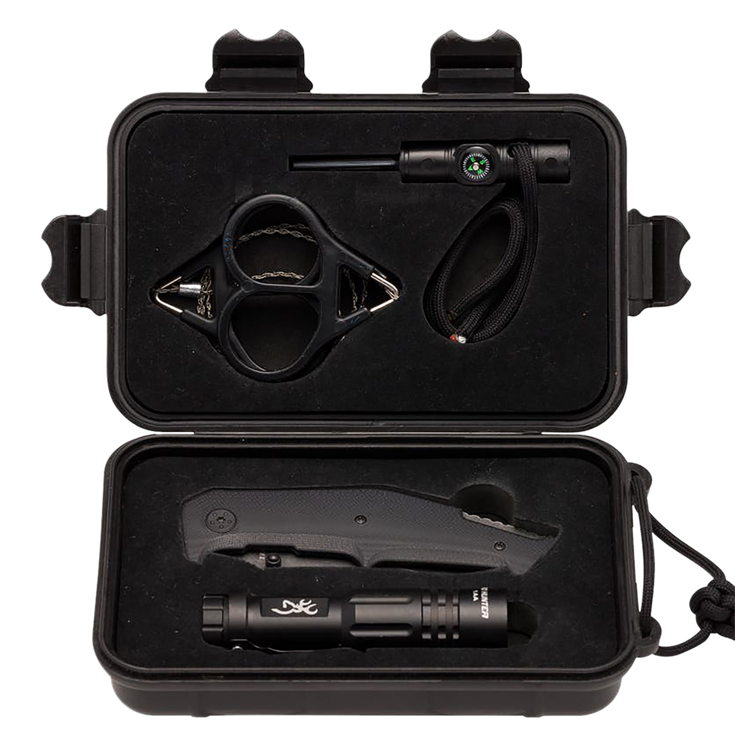 Browning 3220288 Outdoorsman Survival Kit 3.50″ Folding Drop Point Plain Black Stonewashed 8Cr13MoV SS Blade/Black G10 Handle Includes Storage Case/Flashlight/Wire Saw/Fire Flint/Compass/Whistle