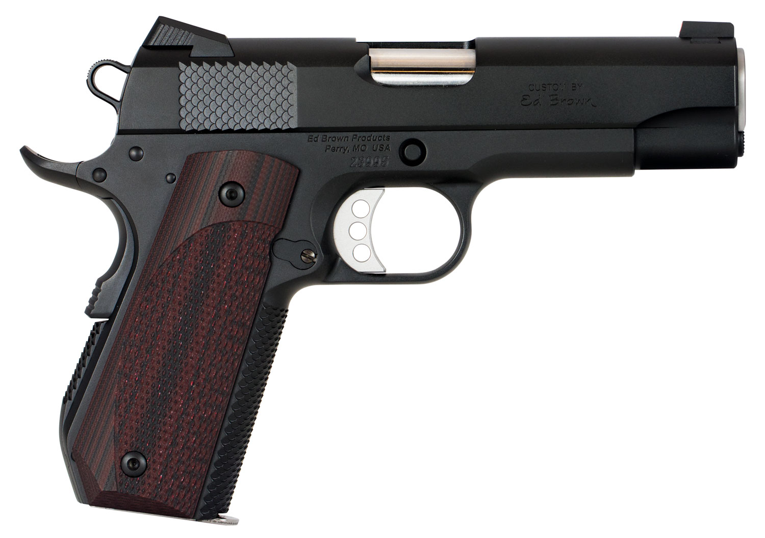 Ed Brown KC18G4 1911 Kobra Carry 45 ACP 7+1 4.25″ Stainless Recessed Crown Barrel, Black Gen4 Snakeskin Serrated Carbon Steel Slide & Frame w/Beavertail, Laminate Wood Grip