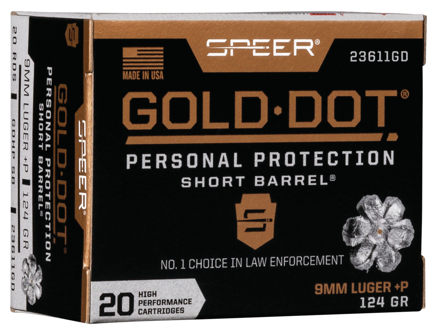 Speer 23611GD Gold Dot Personal Protection Short Barrel 9mmLuger+P 124gr Hollow Point 20 Per Box/10 Case