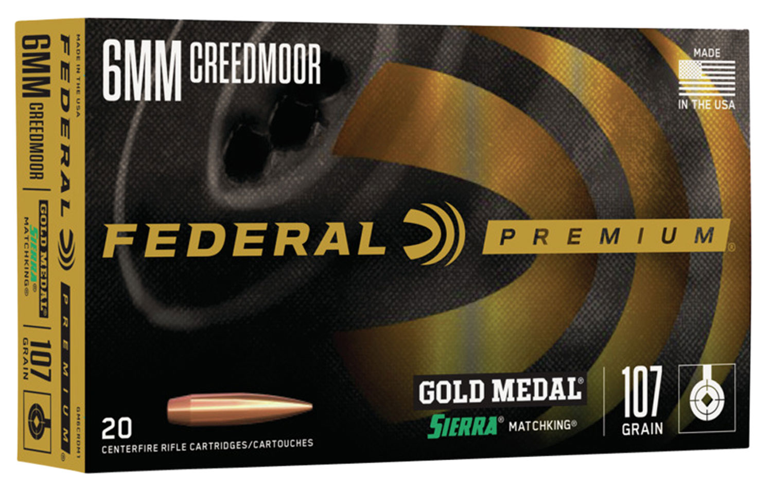 Federal GM6CRDM1 Premium Gold Medal 6mmCreedmoor 107gr Sierra MatchKing BTHP 20 Per Box/10 Case
