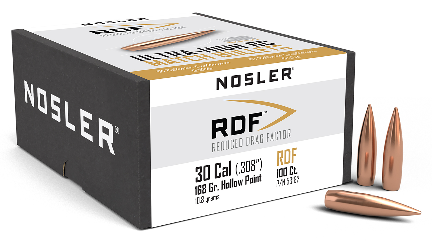 Nosler 53182 RDF Match 30Cal 168gr Hollow Point Boat Tail 100/Box