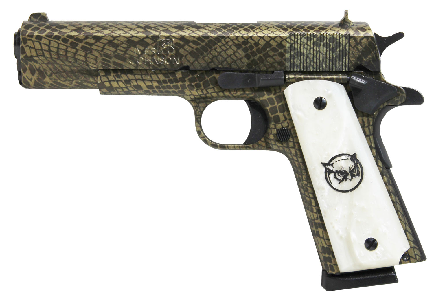 Iver Johnson Arms 1911A1WATERMOCCASIN 1911 A1 Water Moccasin 45 ACP 8+1 5″ Black Steel Barrel, Green Snakeskin Hydrographic Serrated Steel Slide & Frame w/Beavertail, White Synthetic Pearl Grip