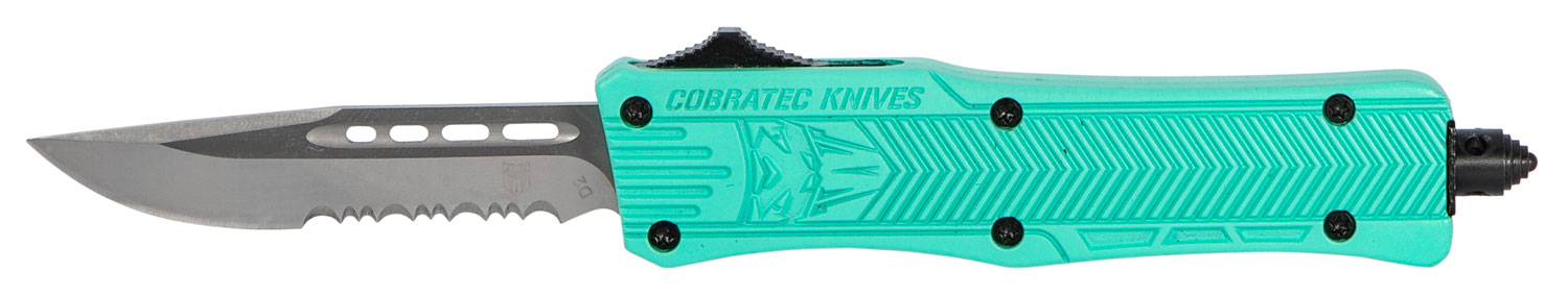 CobraTec Knives STFCTK1SDS CTK-1  Small 2.75″ OTF Drop Point Part Serrated D2 Steel Blade/ Tiffany Blue Aluminum Handle Features Glass Breaker Includes Pocket Clip
