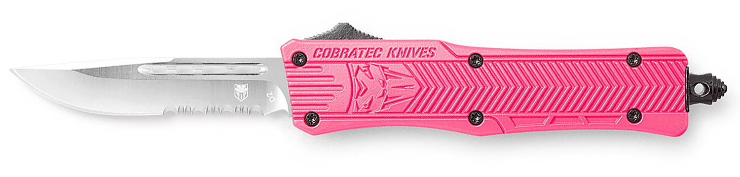 CobraTec Knives SPKCTK1SDS CTK-1  Small 2.75″ OTF Drop Point Part Serrated D2 Steel Blade/ Pink Aluminum Handle Features Glass Breaker Includes Pocket Clip