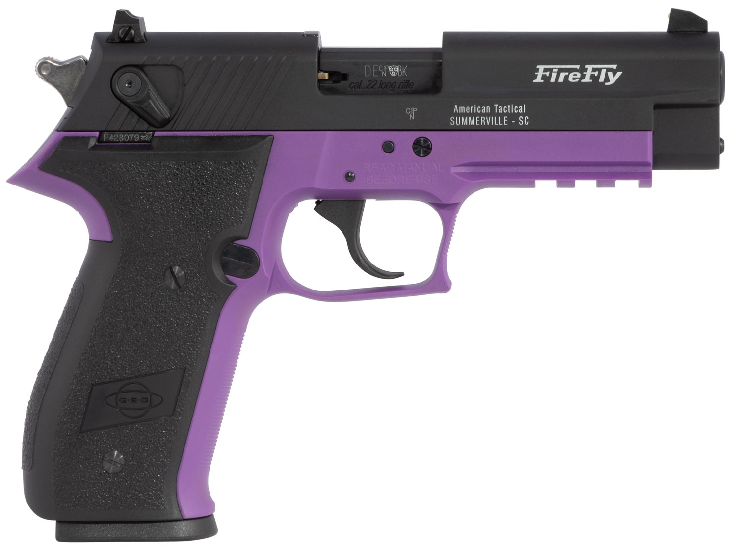 GSG GERG2210FFL FireFly  22 LR 10+1 4″ Black Serrated Slide, Purple Zinc Alloy w/Accessory Rail Frame, Black Polymer Grip