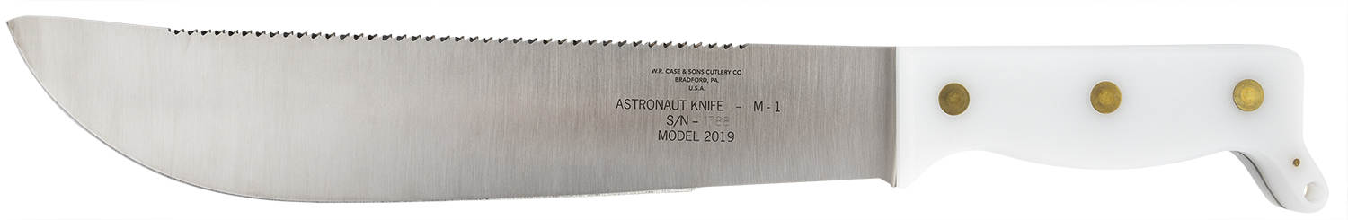 Case 12019 Astronaut M-1 Commemorative 11.75″ Fixed Machete Plain/Saw As-Ground High Carbon Steel Blade/Smooth White Synthetic Handle