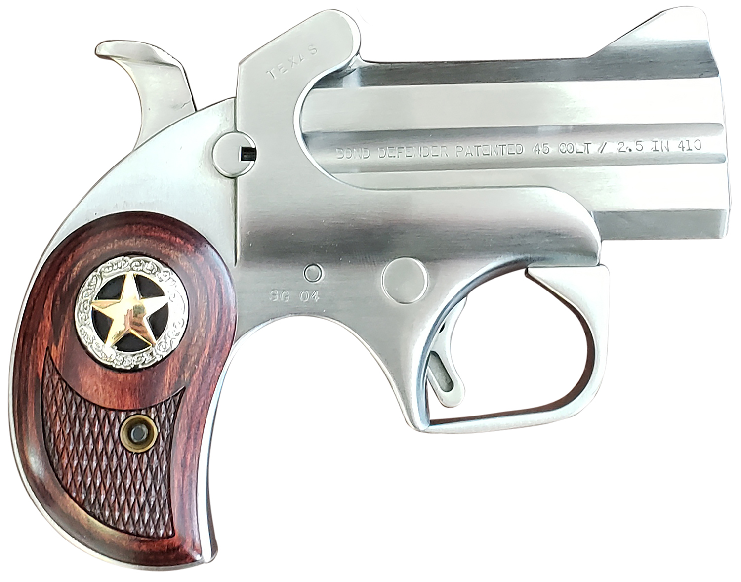 Bond Arms BARD Rustic Defender  45 Colt (LC) Caliber or 2.50″ 410 Gauge 2rd 3″ Barrel, Stainless Steel Finish, Rosewood Grip w/Integrated Star, Includes Exclusive Holster Package