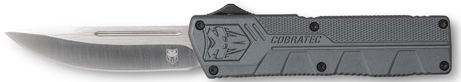 CobraTec Knives GYCTLWDNS Lightweight  3.25″ OTF Drop Point Plain D2 Steel Blade/Gray Aluminum Handle Includes Pocket Clip