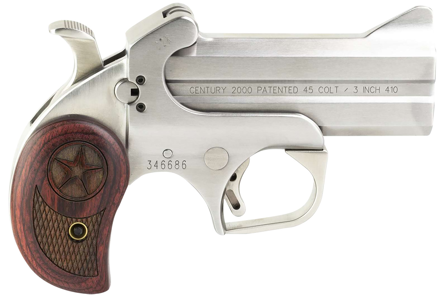 Bond Arms BAC2K Century 2000 45 Colt (LC)/410 Gauge 2rd 3.50″  Stainless Steel Double Barrel & Frame, Auto Extractor & Rebounding Hammer, Blade Front/Fixed Rear Sights, Rosewood Grip, Manual Safety