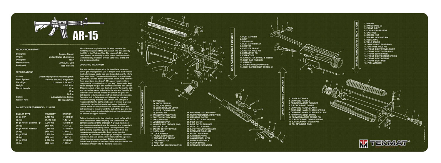 TekMat TEKR36AR15OD AR-15 Cleaning Mat OD Green Rubber 12″x36″ AR-15 Parts Diagram