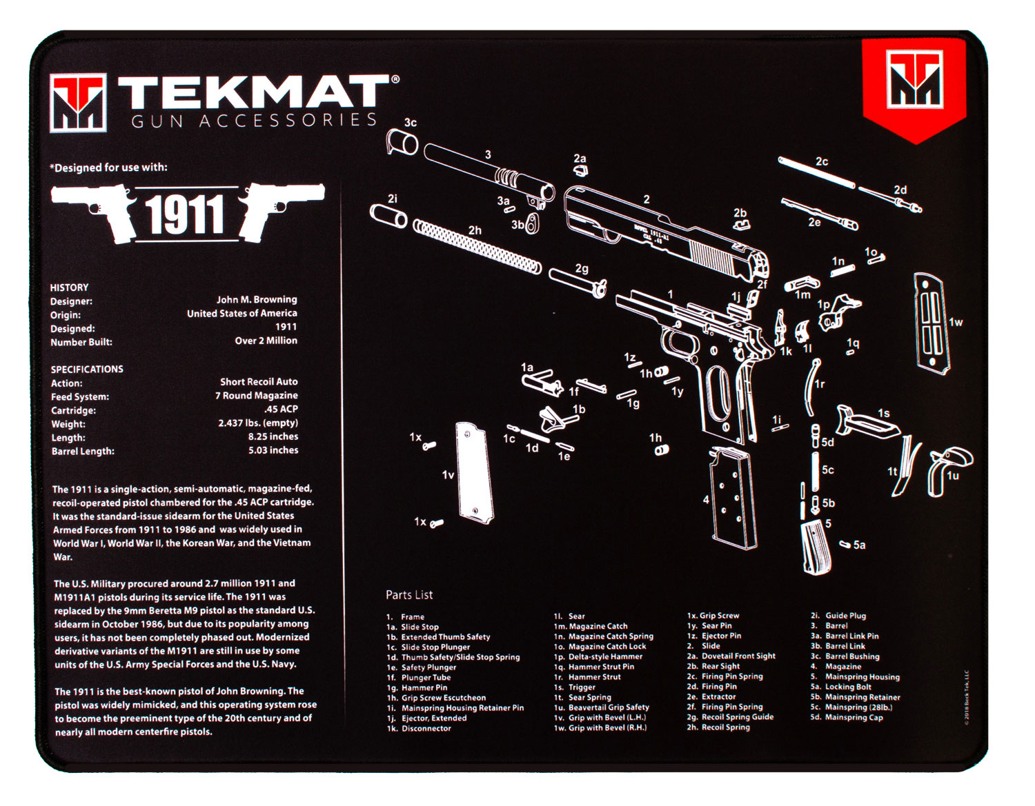 TekMat TEKR201911  Ultra 20 Cleaning Mat Black/White Rubber 15″x20″ 1911 Parts Diagram