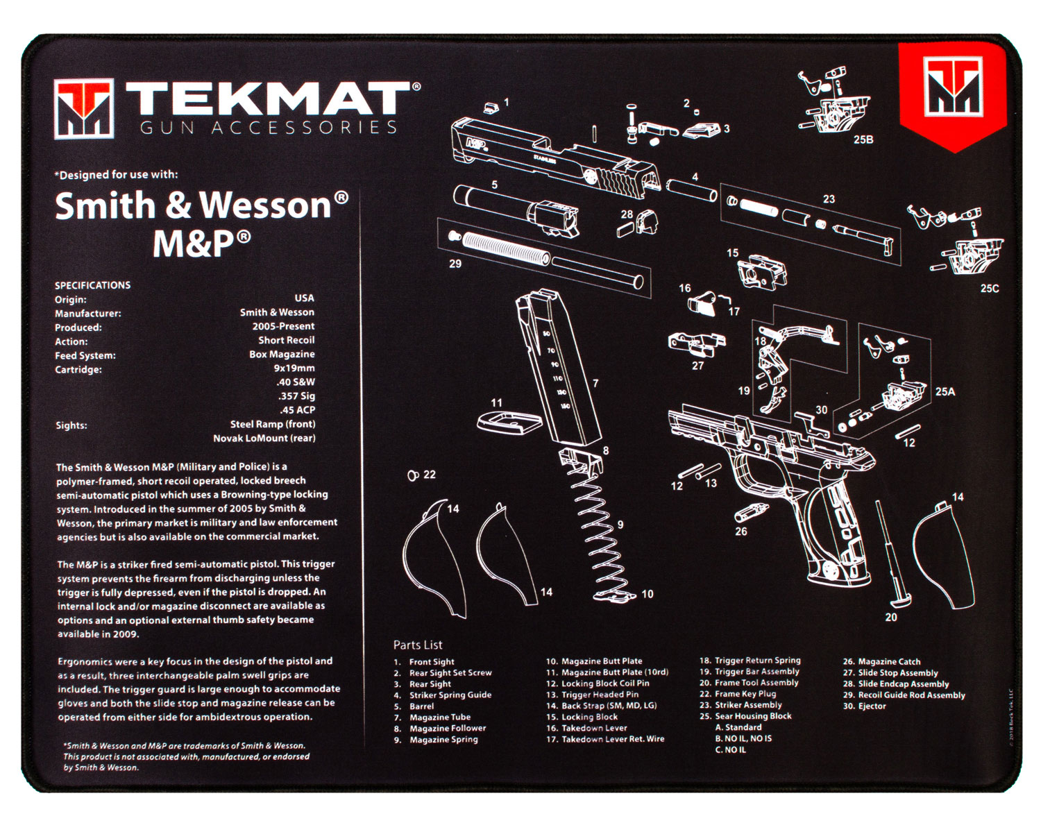 TekMat TEKR20SWNP S&W M&P Ultra 20 Cleaning Mat Black/White Rubber 15″x20″ S&W M&P Parts Diagram Illustration