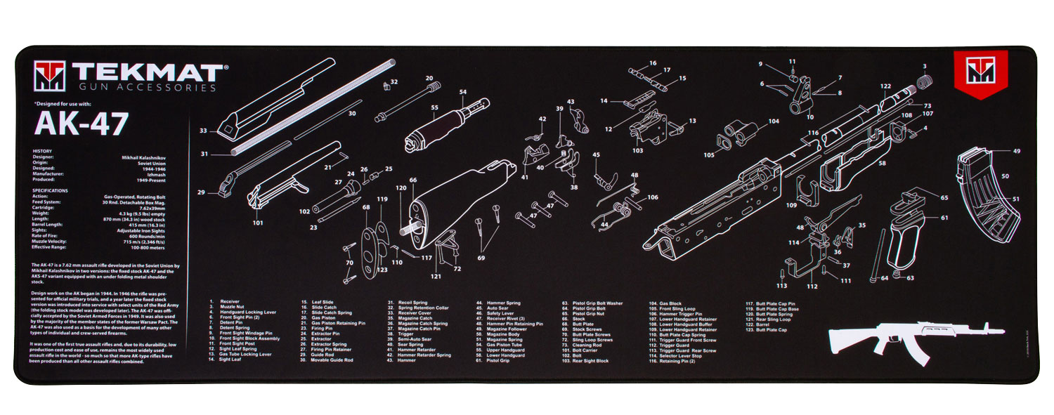 TekMat TEKR44AK47 AK-47 Ultra 44 Cleaning Mat Black/White Rubber 15″x44″ AK-47 Parts Diagram