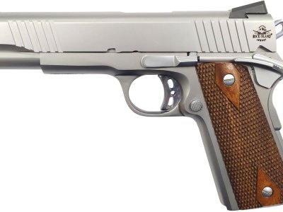 Rock Island 51414 Rock Standard FS *CA Compliant 45 ACP Caliber with 5″ Barrel, 8+1 Capacity, Overall Matte Stainless Steel Finish, Beavertail Frame, Serrated Slide & Double Checkered Wood Grip
