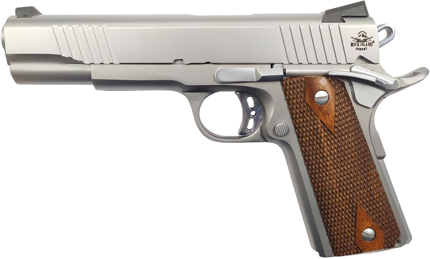 Rock Island 51414 Rock Standard FS *CA Compliant 45 ACP Caliber with 5″ Barrel, 8+1 Capacity, Overall Matte Stainless Steel Finish, Beavertail Frame, Serrated Slide & Double Checkered Wood Grip
