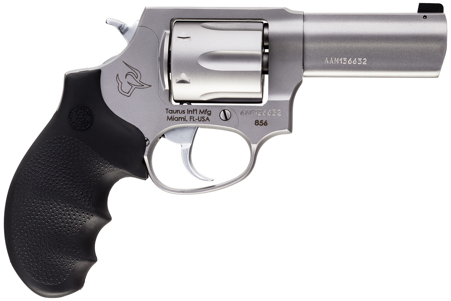Taurus 2-85639NS 856 Defender Small 38 Special +P 6 Shot 3″ Matte Stainless Steel Barrel, Cylinder & Frame, Hogue Finger Grooved Grip, Transfer Bar Safety, Exposed Hammer