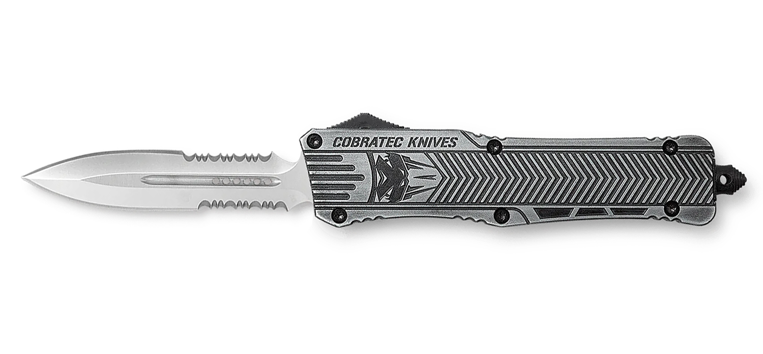 CobraTec Knives LSWCTK1LDG2SS CTK-1  Large 3.75″ OTF Dagger Part Serrated D2 Steel Blade/ Stonewashed Aluminum Handle Features Glass Breaker Includes Pocket Clip