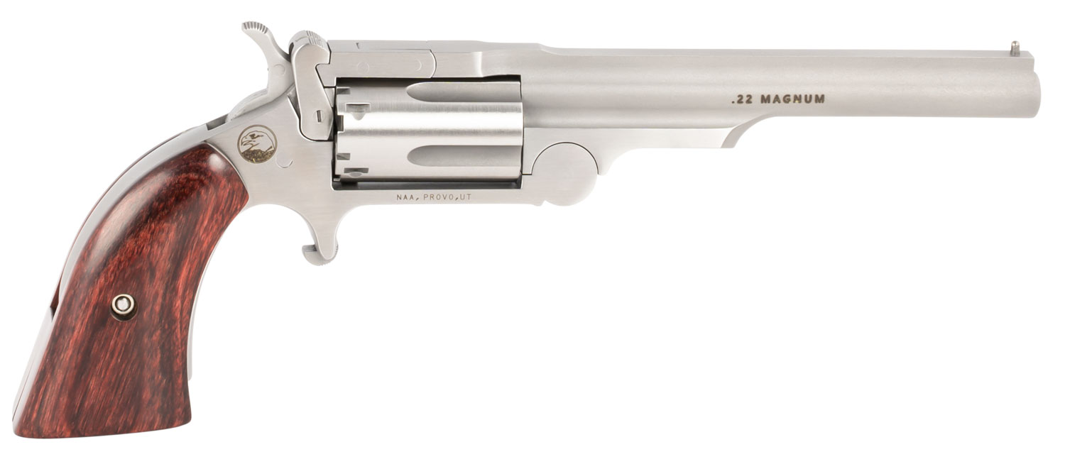 North American Arms 22MCR4 Ranger II  22 LR/22 WMR 5 Shot 4″ Stainless Steel Barrel, Stainless Steel Frame, Stainless Cylinder, Rosewood Boot Grip, Exposed Hammer, Extra Cylinder