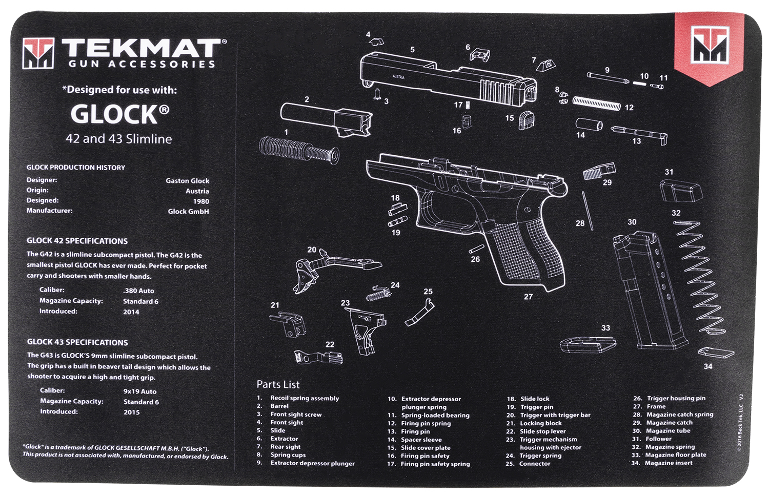 TekMat TEKR17GLOCK4243 Glock 42/43 Cleaning Mat Black/White Rubber 11″x17″ Glock 42/43 Parts Diagram