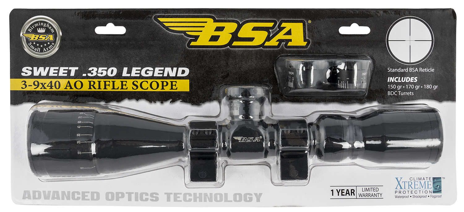 BSA 35039X40AOWRTB Sweet 350 Legend Black Matte 3-9x40mm AO 1″ Tube 30/30 Reticle Features Weaver Rings