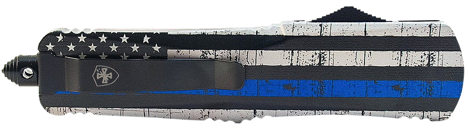 Templar Knife LBTB131 Gen II Back The Blue Large 3.50″ OTF Dagger Plain Black Oxide Stonewashed 440C SS Blade, 5.25″ Black & White w/Blue Line Aluminum Handle, Glass Breaker
