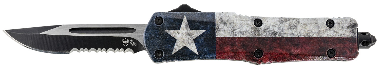 Templar Knife SCAP631 Gen II Captain Small 2.69″ OTF Drop Point Part Serrated Black Oxide Stonewashed 440C SS Blade, 4.31″ Red/White/Blue w/Star Aluminum Handle Glass Breaker