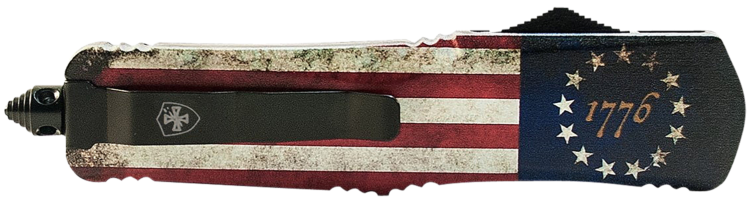 Templar Knife SBRF331 Gen II Betsy Ross Flag Small 2.69″ OTF Drop Point Plain Black Oxide Stonewashed Black 440C SS Blade, 4.31″ Betsy Ross Flag Aluminum Handle Glass Breaker