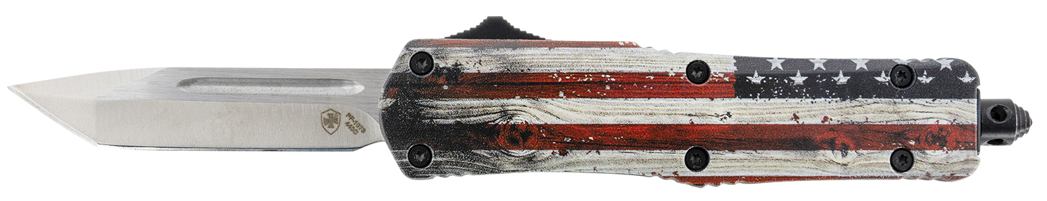 Templar Knife SWUS232 Gen II Wood US Flag Small 2.69″ OTF Tanto Plain Powder Coated 440C SS Blade, 4.31″ Painted Wood Grain US Flag Aluminum Handle, Glass Breaker