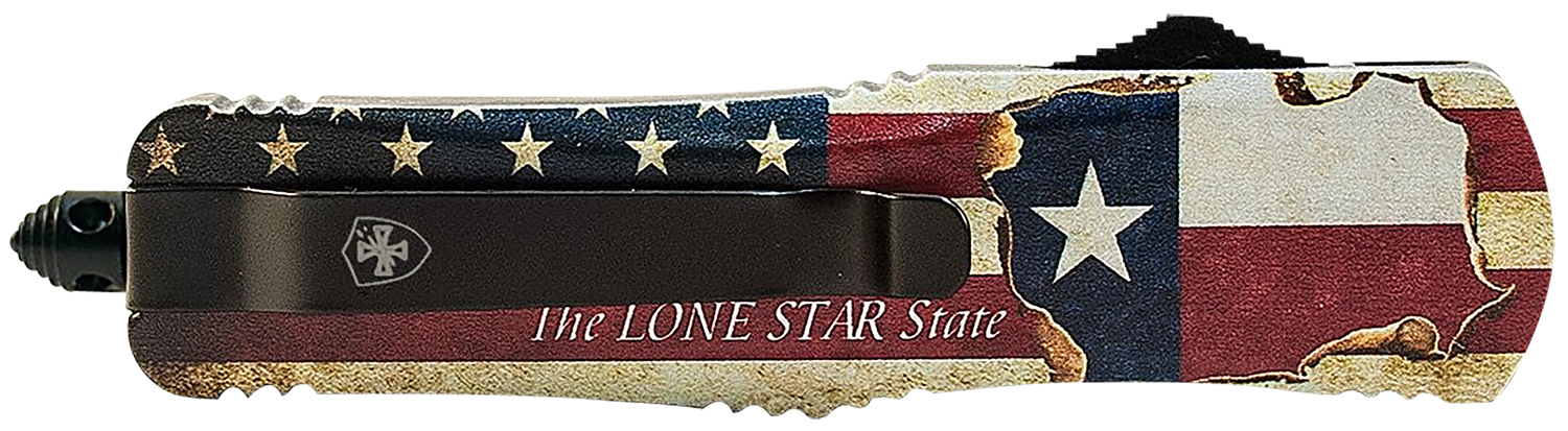 Templar Knife LTX631 Gen II Texan Large 3.50″ OTF Drop Point Part Serrated Black Oxide Stonewashed 440C SS Blade, 5.25″ Texas Flag Aluminum Handle, Glass Breaker