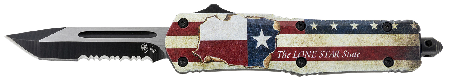 Templar Knife STX531 Gen II Texan Small 2.25″ OTF Tanto Part Serrated Black Oxide Stonewashed 440C SS Blade, 4.31″ Texas Flag Aluminum Handle, Glass Breaker